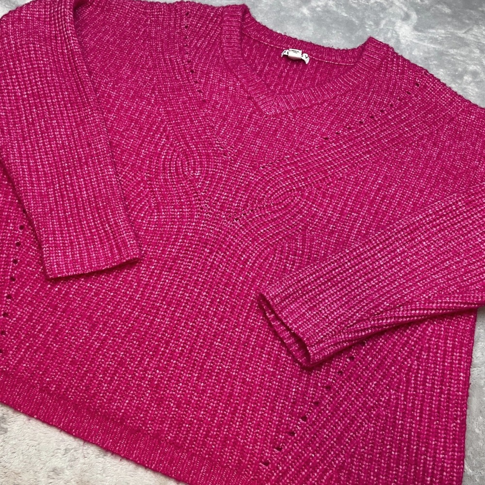 Ava & Viv Womens Pointelle Sweater Size 4X Pink V-Neck Knit Boxy Relaxed Fit